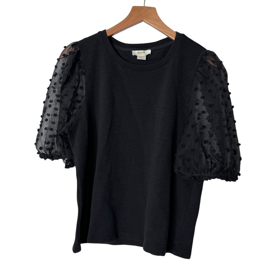 Anthropologie Maeve Puff Sleeve Swiss Dot Short Sleeve Top Black Womens Medium